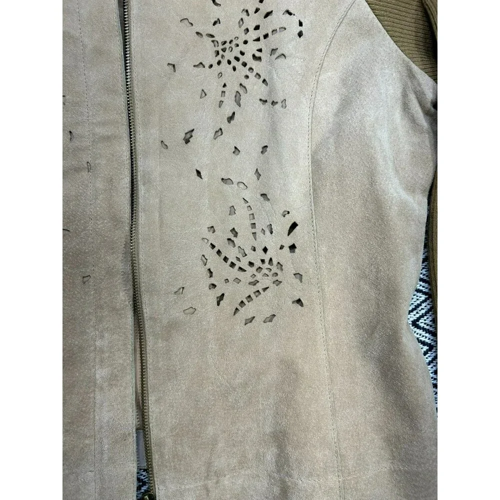 Coldwater Creek Women's Large Beige Faux Suede Jacket Knit Sleeves & Zip Closure - Picture 3 of 6